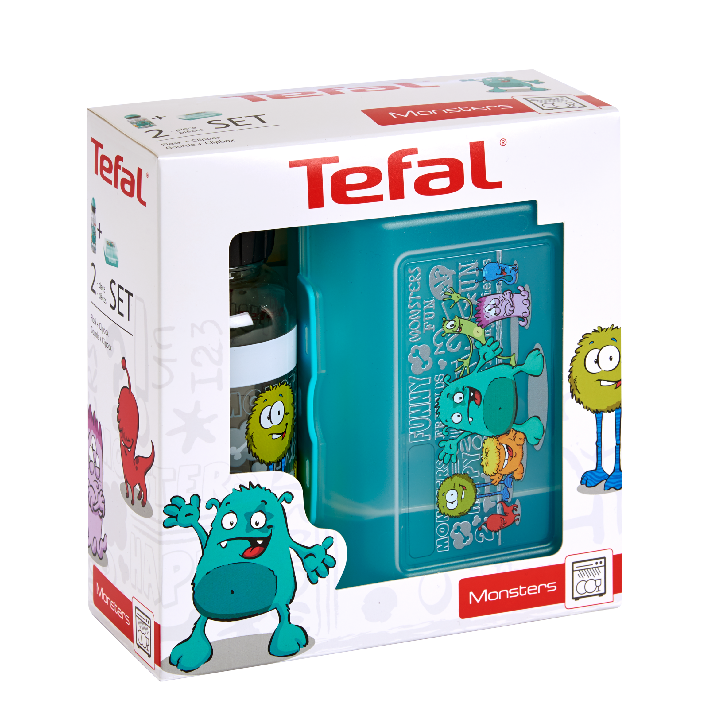 Detský set Tefal Kids dózy a fľaše Tritan 0,4 l K3169214 Tyrkysová príšerka