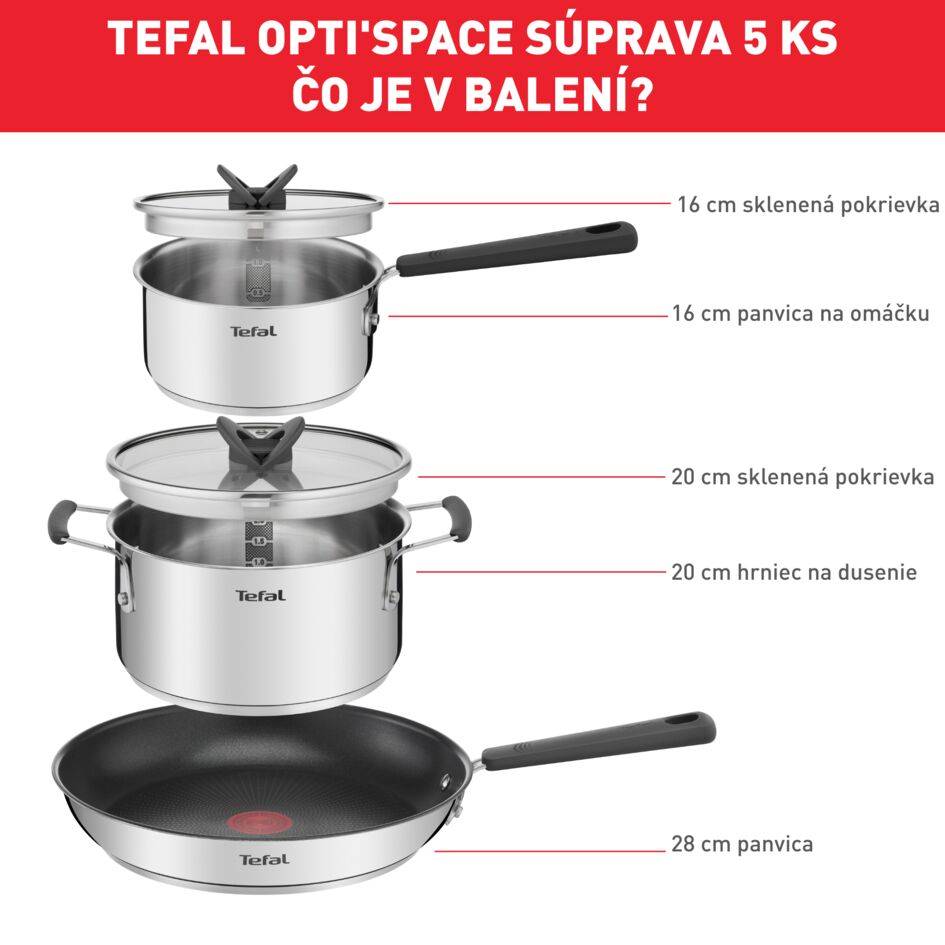 5-dielna súprava Opti'Space rajnica 16 cm + pokrievka, kastról 20 cm + pokrievka, panvica 28 cm