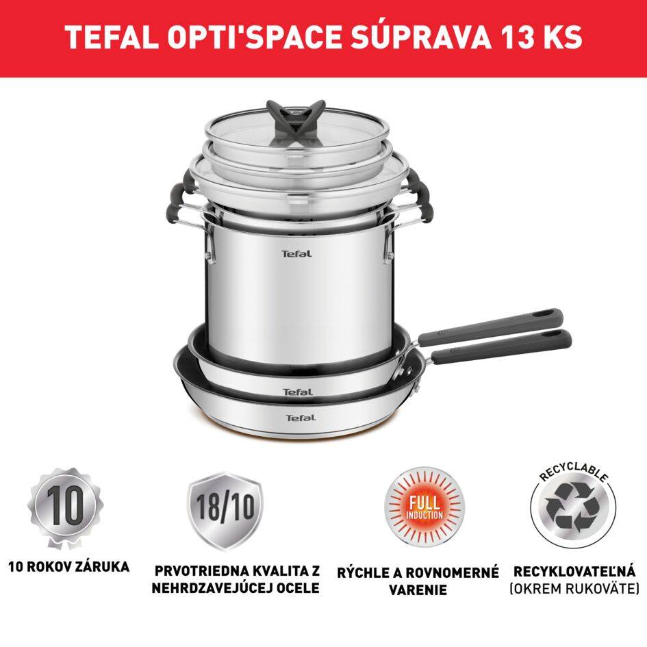 13-dielna sada Opti'Space kastróly 18/20 cm + pokrievka, vysoký hrniec na cestoviny 22 cm + pokrievka, panvica 24/28 cm, naberačka, lyžica, dierovaná lyžica, obracačka, šľahacia metla G737SD44