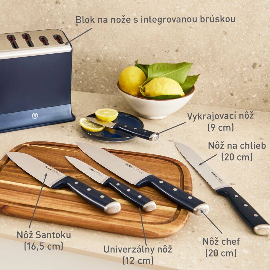 Súprava kuchynských nožov a blok na nože s integrovanou brúskou Tefal EverSharp K297S644 5 ks