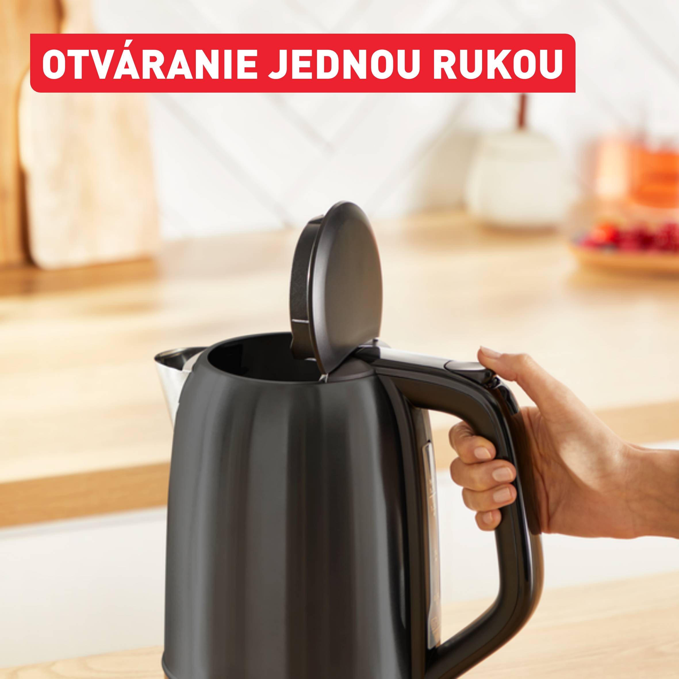 Subito, rýchlovarná kanvica, ukazovateľ množstva vody na jednu šálku, otváranie jednou rukou