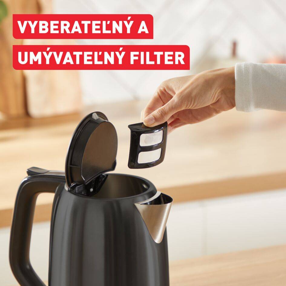 Subito, rýchlovarná kanvica, ukazovateľ množstva vody na jednu šálku, otváranie jednou rukou