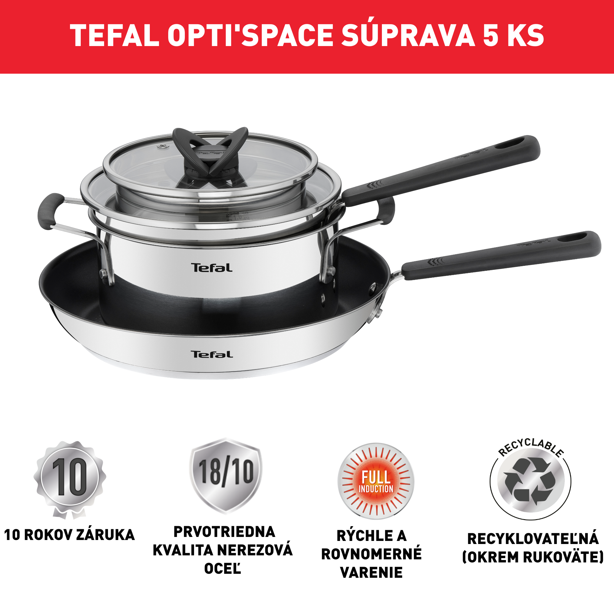 5-dielna súprava Opti'Space rajnica 16 cm + pokrievka, kastról 20 cm + pokrievka, panvica 28 cm