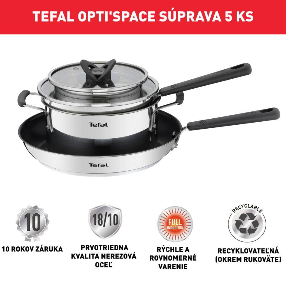 5-dielna súprava Opti'Space rajnica 16 cm + pokrievka, kastról 20 cm + pokrievka, panvica 28 cm