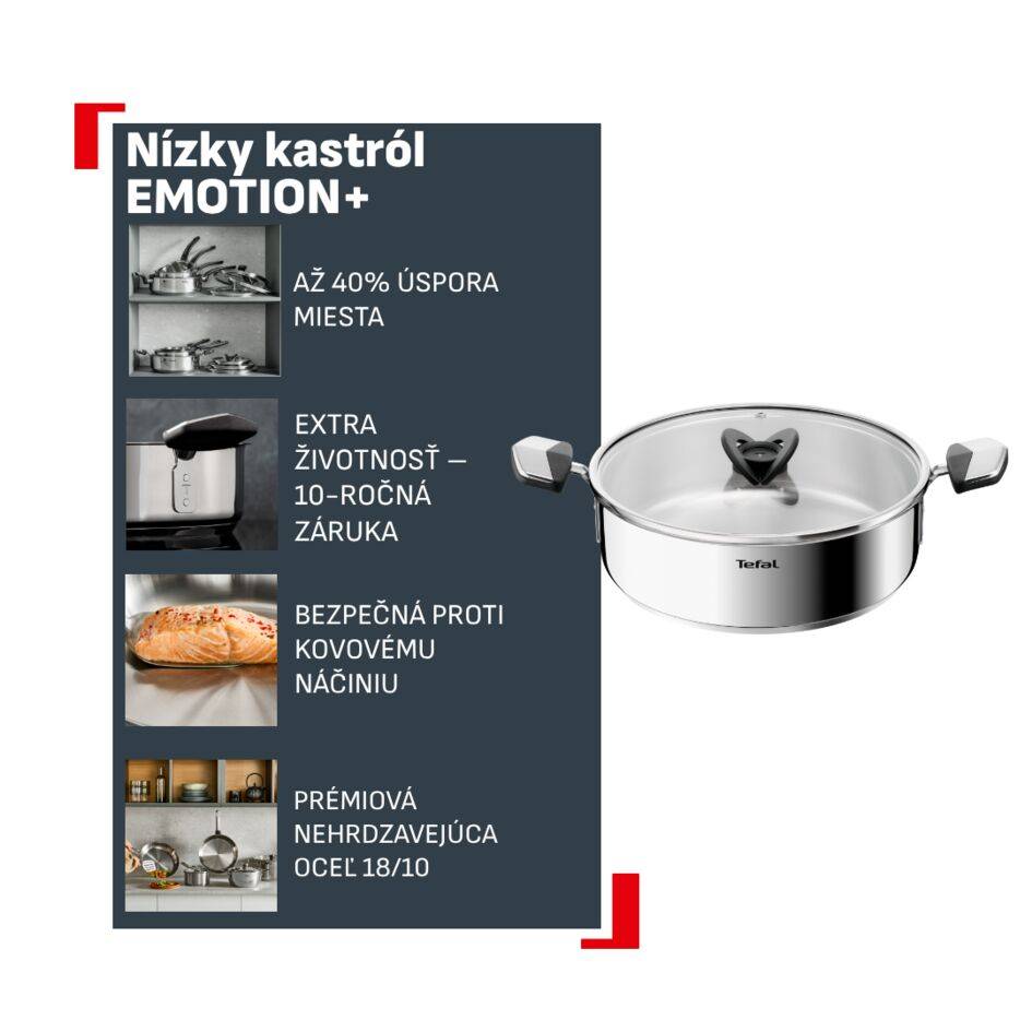 Nízky kastról z nehrdzavejúcej ocele Tefal Emotion+ E3067045 24 cm
