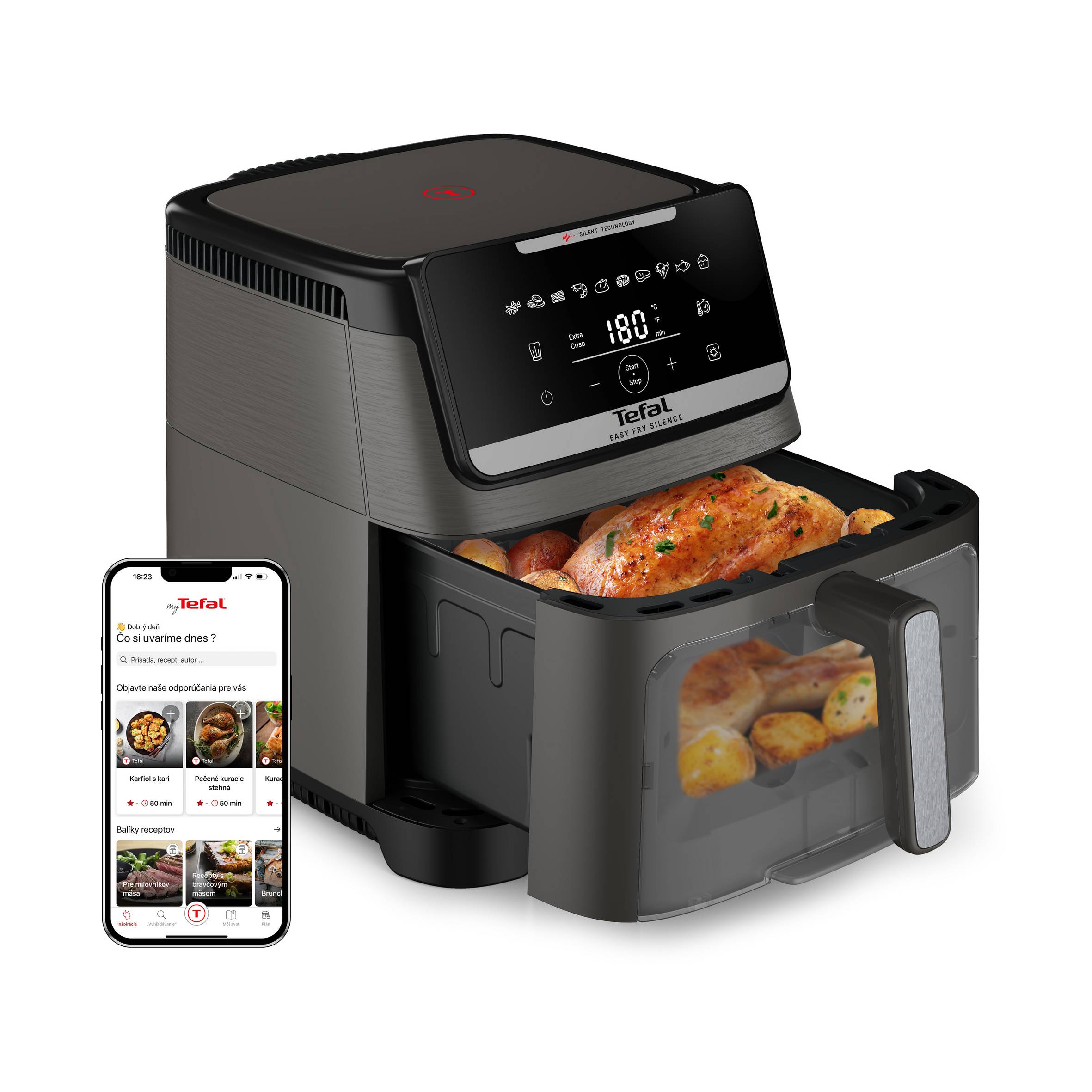 Tichá teplovzdušná fritéza Tefal Easy Fry Silence 7L EY846HE0, tmavosivá