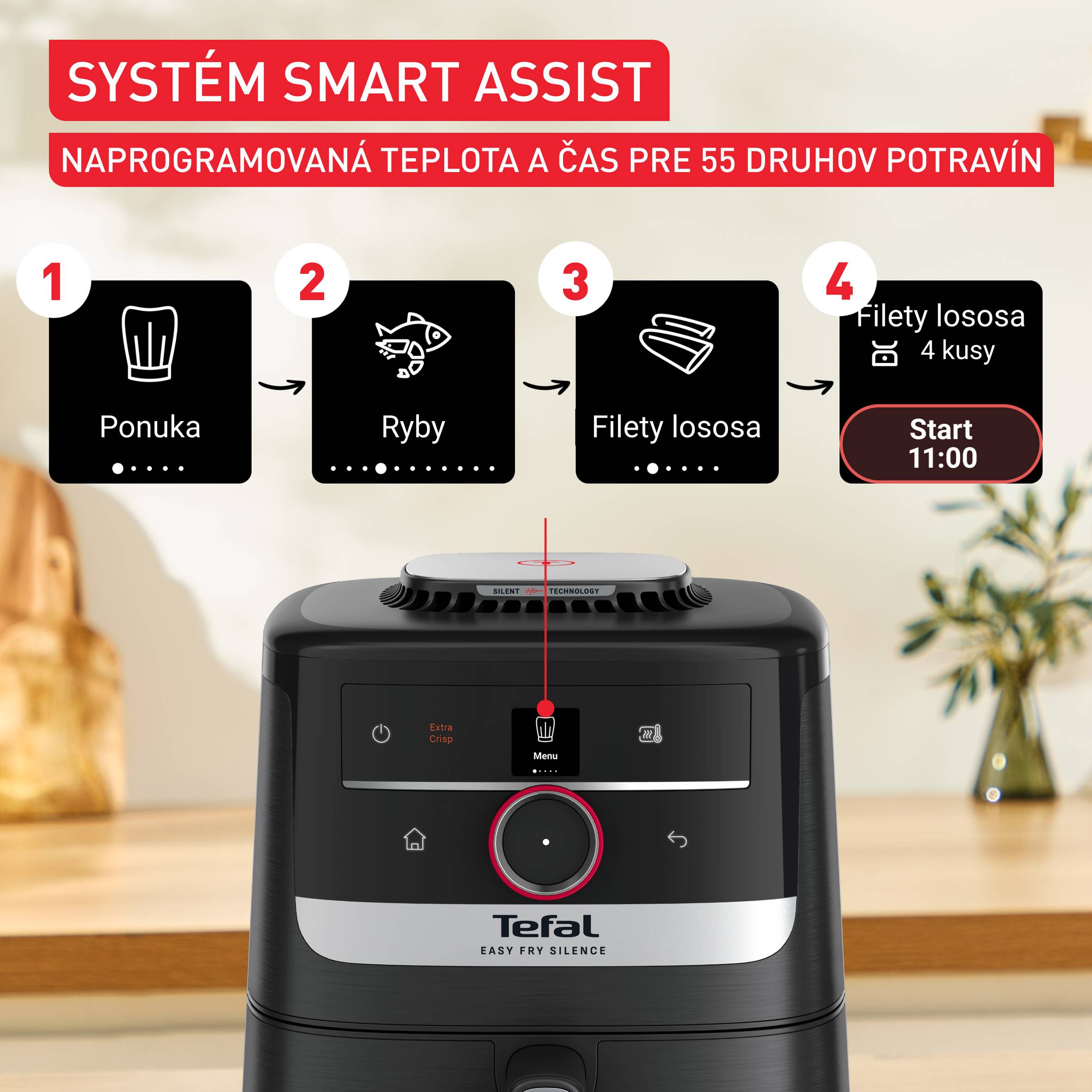Tichá teplovzdušná fritéza Tefal Easy Fry Silence Smart 5 l EY5728E1, čierna
