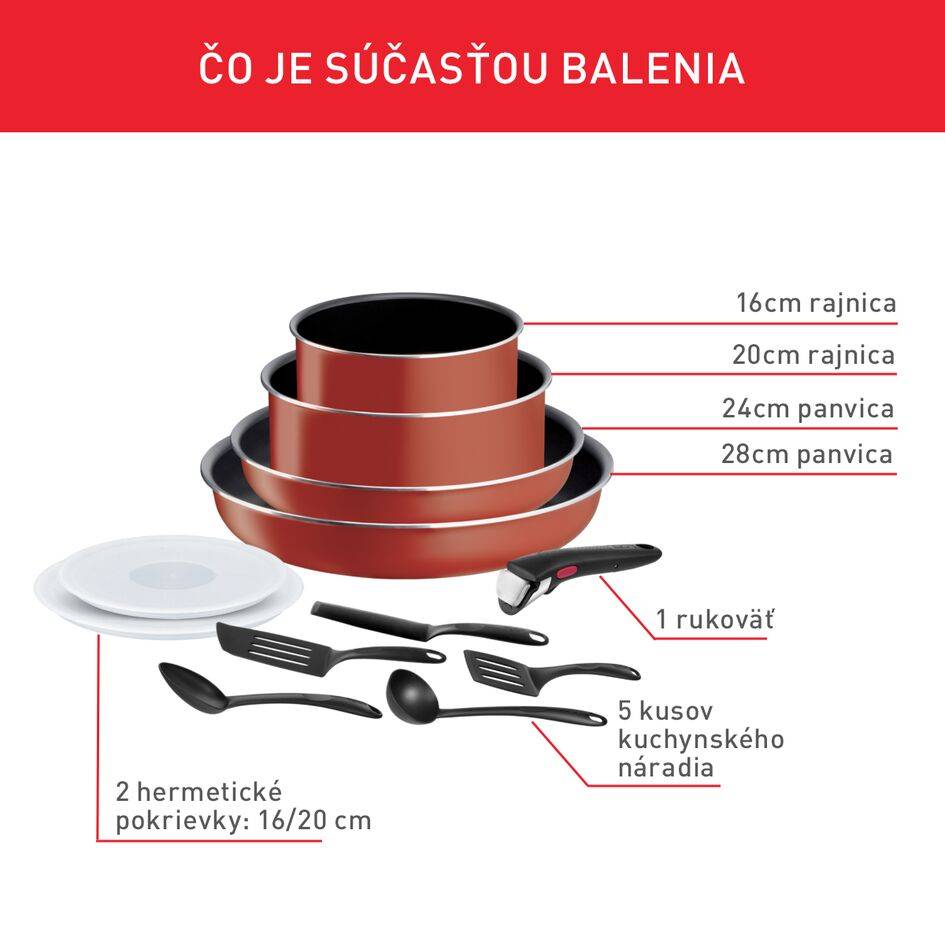 Súprava riadu Tefal Ingenio Easy Cook & Clean Red L1529302 12 ks