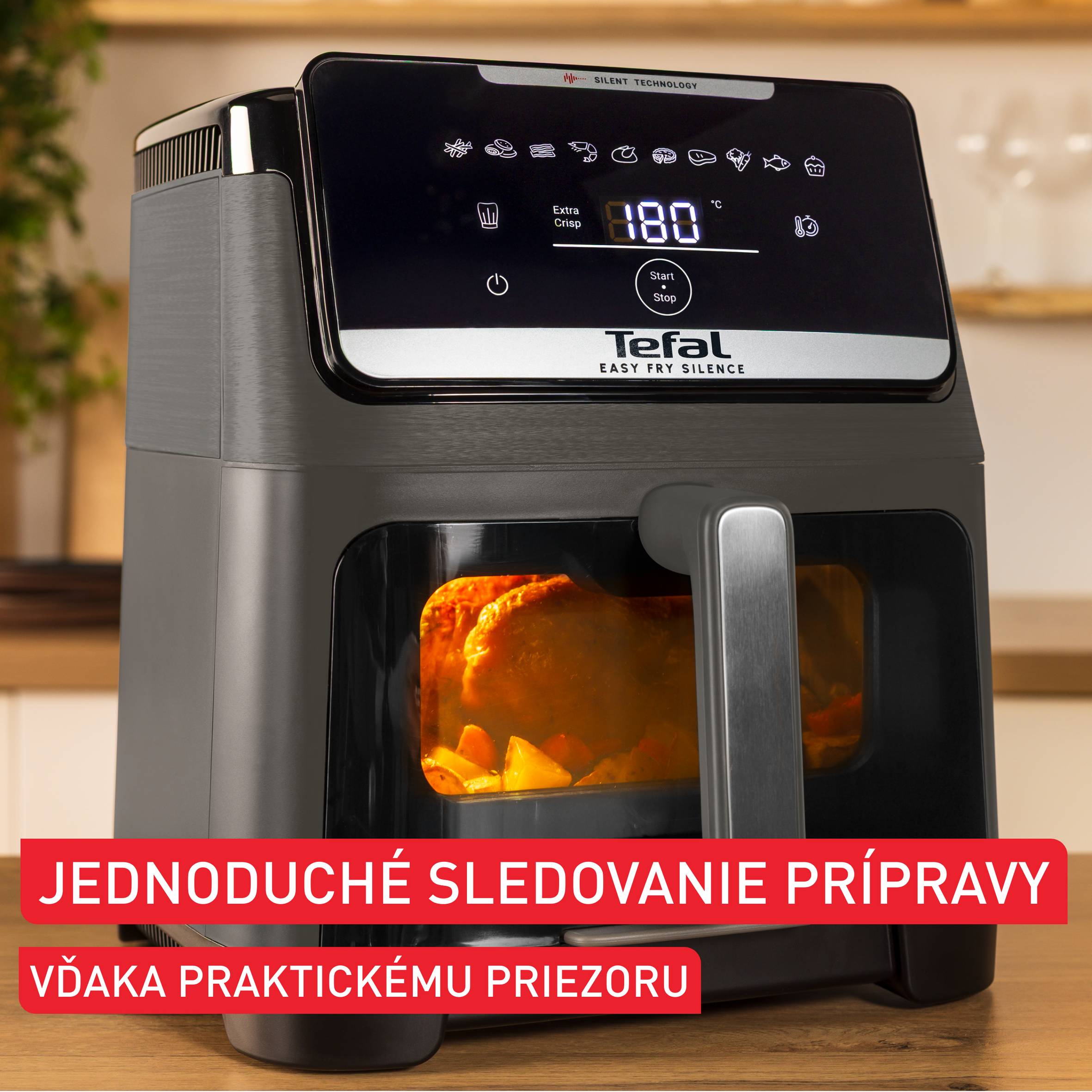 Tichá teplovzdušná fritéza Tefal Easy Fry Silence 7L EY846HE0, tmavosivá
