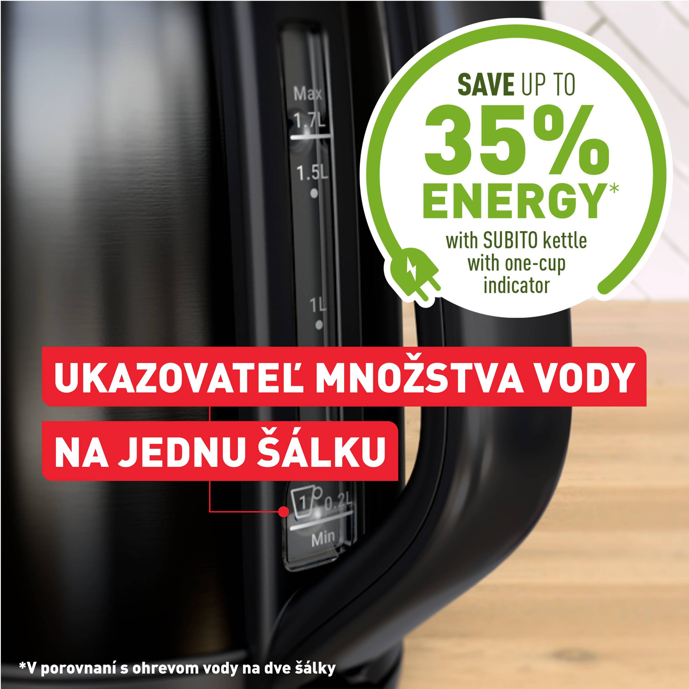 Subito, rýchlovarná kanvica, ukazovateľ množstva vody na jednu šálku, otváranie jednou rukou